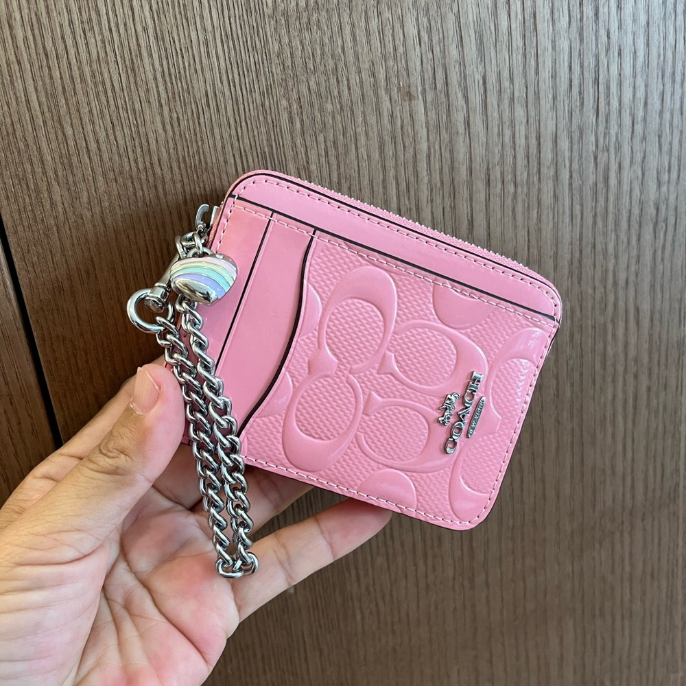 Coach Pink Signature Card Holder with Silver Chain and Heart Charm - Picture 4 of 9